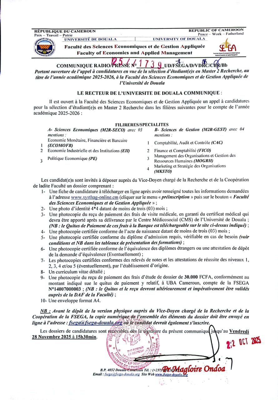 Master 2 Recherche FSEGA 2025-2026